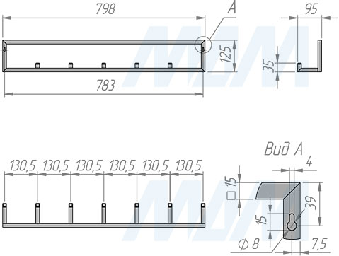 Размеры металлокаркаса вешалки для прихожей 800x95x125 мм (артикул MF.01.800x95x125)