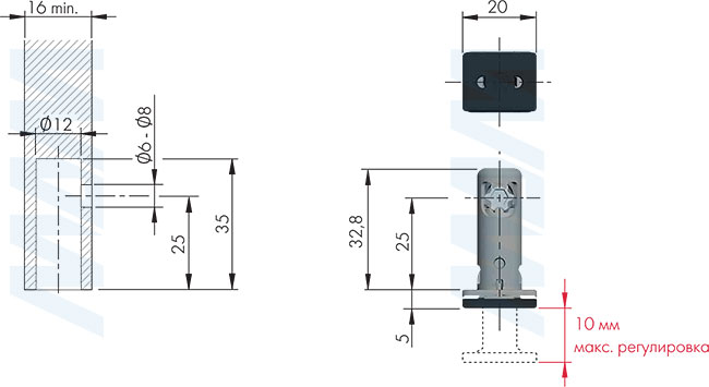 Размеры и установка регулируемой опоры REKORD TECH, D12 мм, высота отверстия 25 мм, с прямоугольной ножкой (артикул 3030301RT)