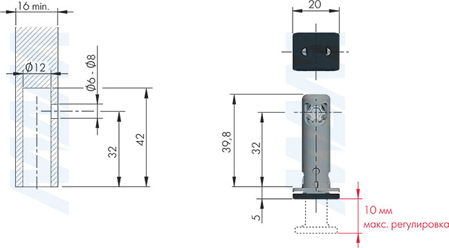 Размеры и установка регулируемой опоры REKORD TECH, D12 мм, высота отверстия 32 мм, с прямоугольной ножкой (артикул 3030302RT)