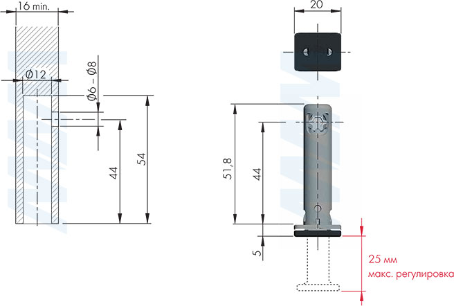 Размеры и установка регулируемой опоры REKORD TECH, D12 мм, высота отверстия 44 мм, с прямоугольной ножкой (артикул 3030303RT)