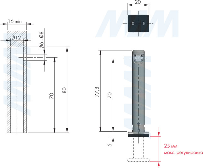 Размеры и установка регулируемой опоры REKORD TECH, D12 мм, высота отверстия 70 мм, с прямоугольной ножкой (артикул 3030305RT)