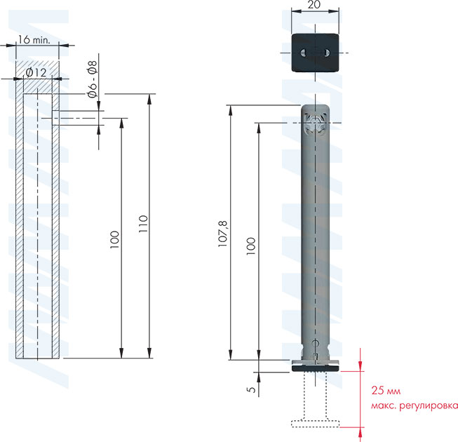 Размеры и установка регулируемой опоры REKORD TECH, D12 мм, высота отверстия 100 мм, с прямоугольной ножкой (артикул 3030306RT)