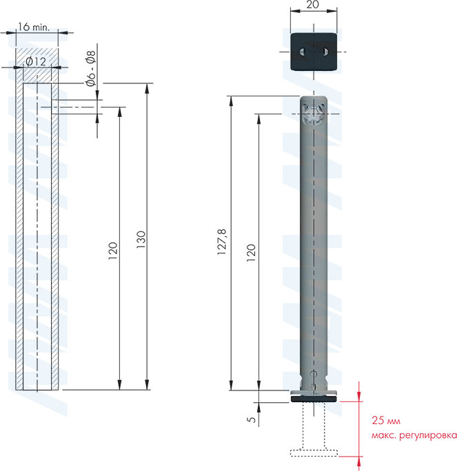 Размеры и установка регулируемой опоры REKORD TECH, D12 мм, высота отверстия 120 мм, с прямоугольной ножкой (артикул 3030307RT)