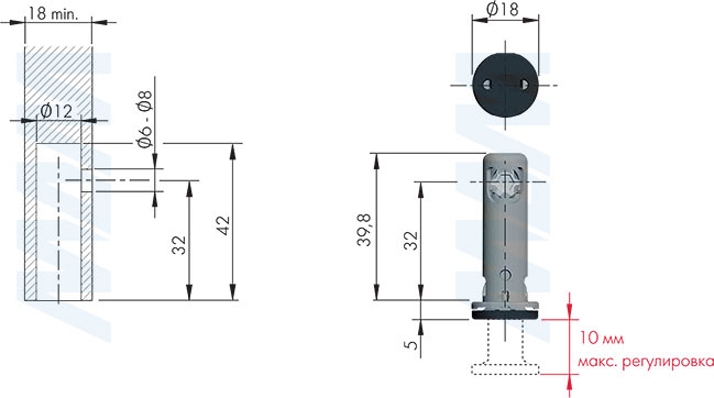 Размеры и установка регулируемой опоры REKORD TECH, D12 мм, высота отверстия 32 мм, с круглой ножкой (артикул 3030312RT)