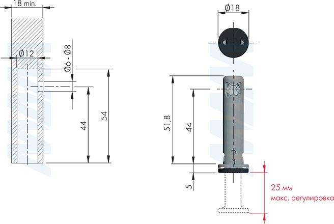 Размеры и установка регулируемой опоры REKORD TECH, D12 мм, высота отверстия 44 мм, с круглой ножкой (артикул 3030313RT)