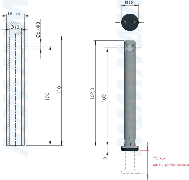 Размеры и установка регулируемой опоры REKORD TECH, D12 мм, высота отверстия 100 мм, с круглой ножкой (артикул 3030316RT)