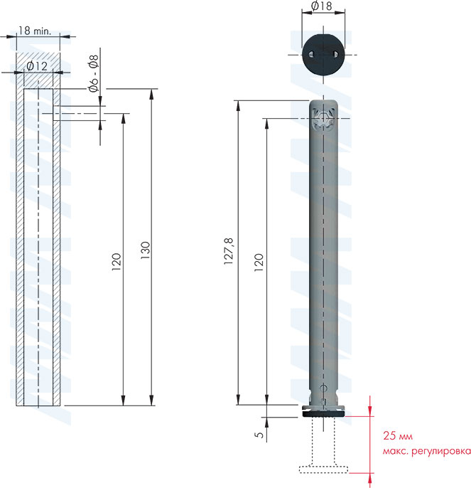 Размеры и установка регулируемой опоры REKORD TECH, D12 мм, высота отверстия 120 мм, с круглой ножкой (артикул 3030317RT)