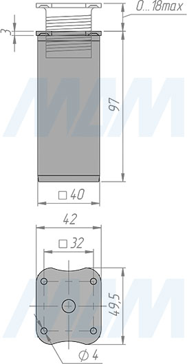 Размеры декоративной опоры, высота 100 мм, регулировка 18 мм (артикул ADJ8.100)