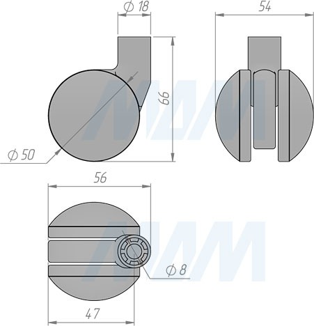 Размеры колесной опоры JACKSON с прорезиненным колесом диаметром 50 мм без стопора (артикул CST14)
