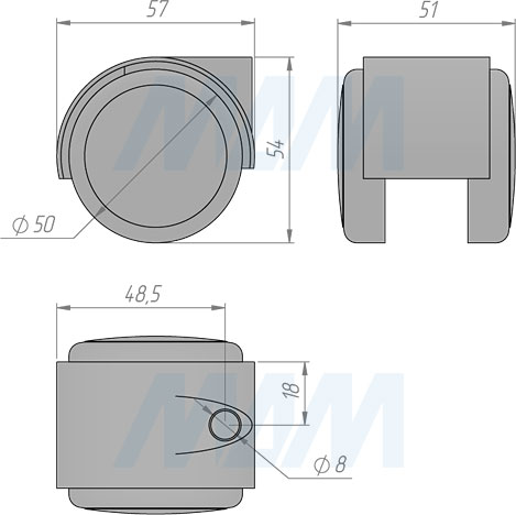 Размеры колесной опоры RINO с прорезиненным колесом диаметром 50 мм без стопора (артикул CST16)