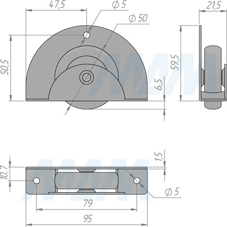 Размеры прямоходной врезной колесной опоры MEMPHIS-18  для боковины 18 мм с прорезиненным колесом диаметром 50 мм (артикул CST18)