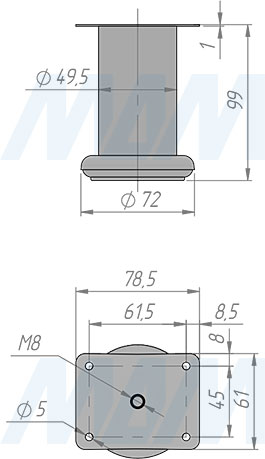 Размеры декоративной опоры, диаметр 50 мм, высота 100 мм (артикул FIX013/R.100)