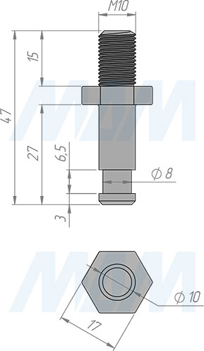 Размеры штифта М10 для колесных опор DENVER (артикул FIX12 M10)
