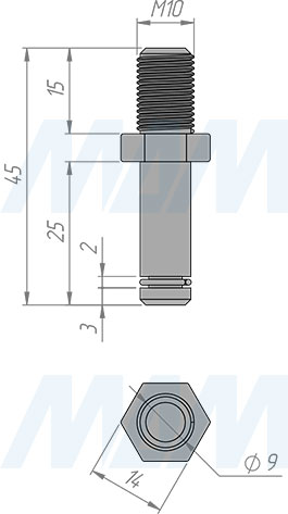 Размеры штифта М10 для колесных опор BISMARK, DALLAS (артикул FIX15 M10)