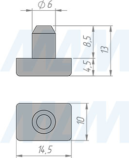 Размеры прямоугольного подпятника 15х10 мм под отверстие 6 мм (артикул HL.15X10)