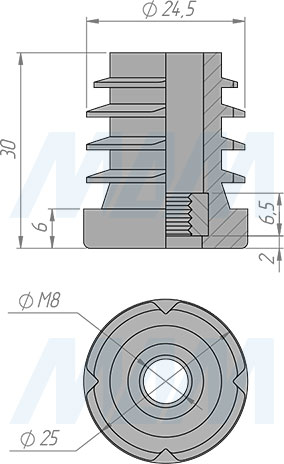 Размеры подпятника с резьбой М8 для круглой трубы D25 мм (артикул HL.R.25.M8)