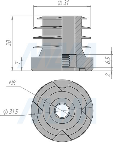 Размеры подпятника с резьбой М8 для круглой трубы D32 мм (артикул HL.R.32.M8)