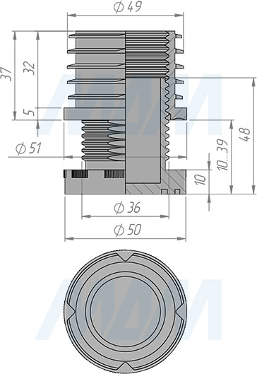 Размеры регулируемого подпятника для круглой трубы D50 мм (артикул HL.R.50.ADJ)