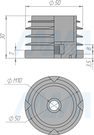 Размеры подпятника с резьбой М10 для круглой трубы D50 мм (артикул HL.R.50.M10)
