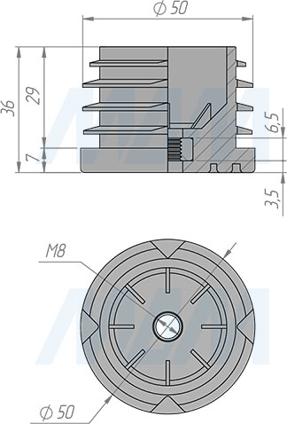 Размеры подпятника с резьбой М8 для круглой трубы D50 мм (артикул HL.R.50.M8)