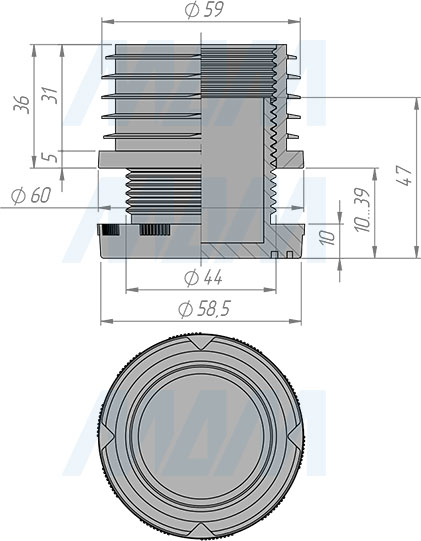 Размеры регулируемого подпятника для круглой трубы D60 мм (артикул HL.R.60.ADJ)