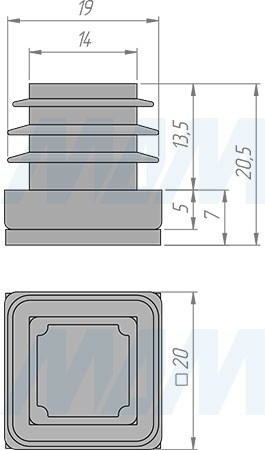 Размеры заглушки-подпятника для трубы 20х20 мм, основание - фетр (артикул HL.S.20X20.FLT)