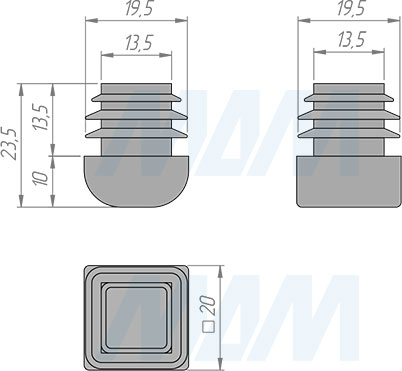 Размеры заглушки-подпятника для трубы 20х20 мм с полусферической шляпкой (артикул HL.S.20X20.HR)