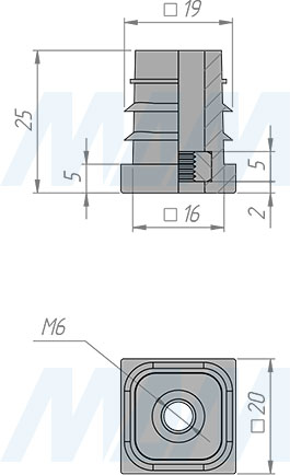 Размеры заглушки-подпятника 20х20 мм с гайкой M6 (артикул HL.S.20Х20.M6)