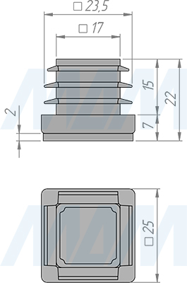 Размеры заглушки-подпятника для трубы 25х25 мм, основание - фетр (артикул HL.S.25X25.FLT)