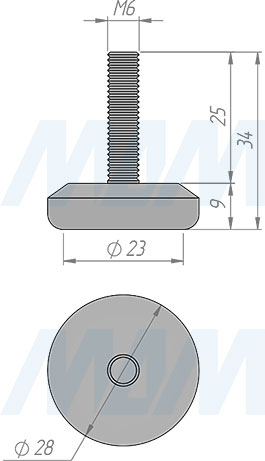 Размеры круглой мебельной ножки SuperGlide M6x25 мм, диаметр 28 мм (артикул HR-2806-25)