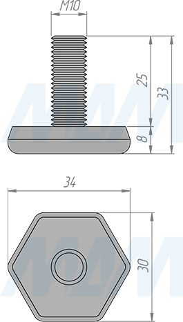 Размеры шестигранной мебельной ножки SuperGlide M10x25 мм, W 30 мм (артикул HR-3010-25)