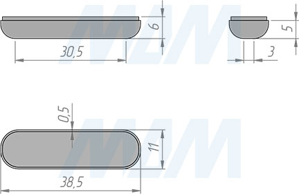 Размеры прямоугольного самоклеящегося подпятника SuperGlide 10х38 мм (артикул HR-A1038)