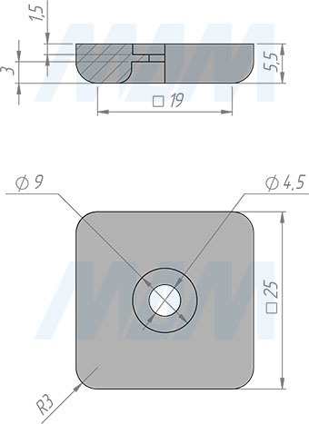 Размеры квадратного подпятника SuperGlideс саморезом, 25х25 мм (артикул HR-E2525)