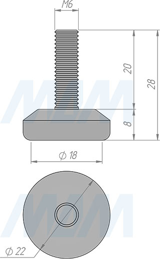 Размеры круглой мебельной ножки SuperGlide M6x20 мм, диаметр 22 мм (артикул HR-T2206-20)
