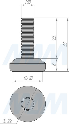 Размеры круглой мебельной ножки SuperGlide M8x25 мм, диаметр 22 мм (артикул HR-T2208-25)