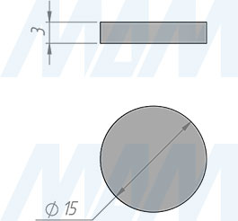 Размеры самоклеящегося круглого подпятника, диаметр 15 мм (артикул HR15)