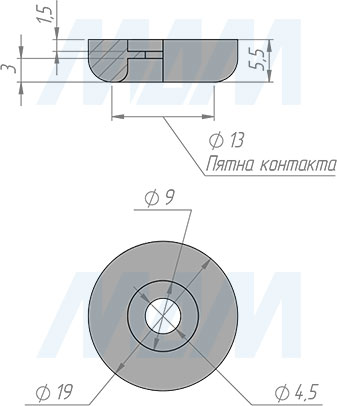 Размеры круглого подпятника SuperGlide под саморез, диаметр 19 мм (артикул HR19-S_dr.jpg)
