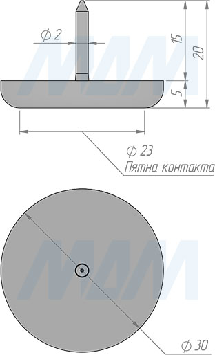Размеры круглого подпятника SuperGlide с шипом, диаметр 30 мм (артикул HR30-N)