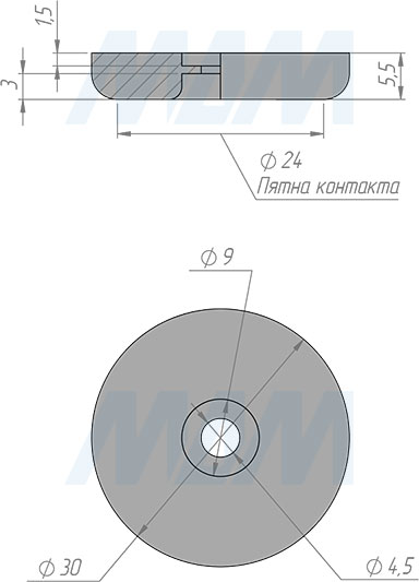 Размеры круглого подпятника SuperGlide под саморез, диаметр 30 мм (артикул HR30-S_dr.jpg)