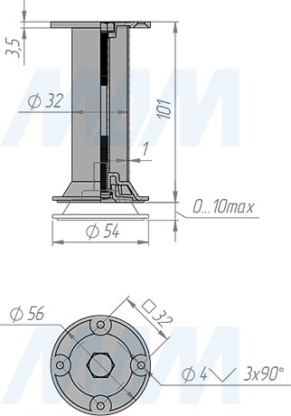 Размеры декоративной опоры, диаметр 32 мм, высота 100 мм, регулировка 10 мм (артикул NA10C00/R 100ММ)
