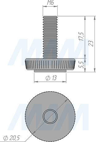 Размеры мебельной ножки М6x20 мм (артикул PI01 M6 X 20)
