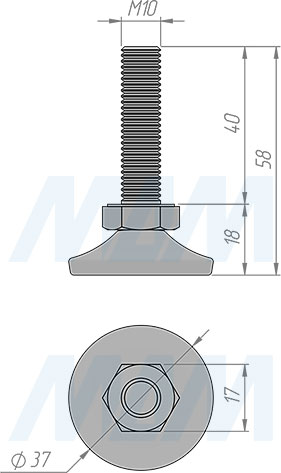 Размеры мебельная ножки M10x40 мм (артикул PI17.M10X40)