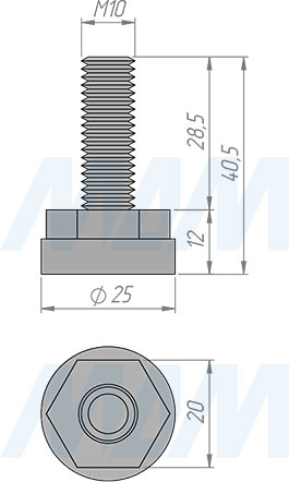 Размеры мебельной ножки, M10x30 мм (артикул PI20.M10X30)