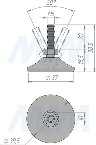 Размеры мебельной ножки на подвижном шарнире, M6x20 мм (артикул PI77.M6x20)