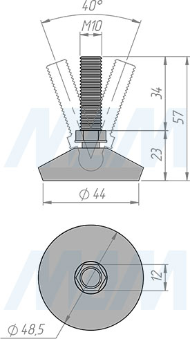 Размеры мебельной ножки М10x34 мм на подвижном шарнире (артикул PI77)