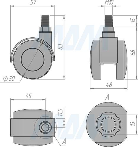 Размеры двухколесной опоры с винтом M10, диаметр 50 мм, без стопора (артикул W00)