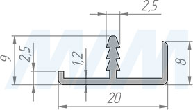 Размеры врезного окантовочного профиля INTEGRO для плиты 18 мм, 20х9х8 мм (артикул IN0 104A)
