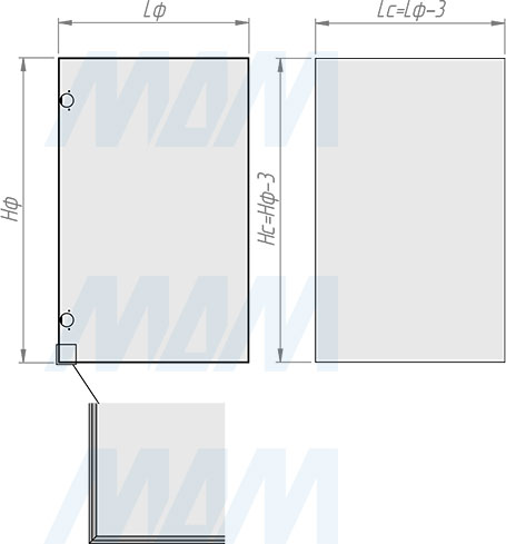 Размеры фасада и вставки из стекла для врезного окантовочного профиля INTEGRO для плиты 18 мм, 20х9х8 мм (артикул IN0 104A)