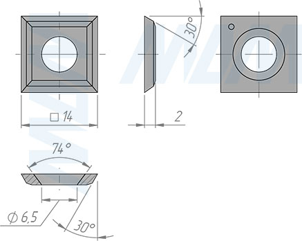 Размеры универсальной квадратной сменной твердосплавной пластины 14х14х2 мм, T04F (артикул 012002)