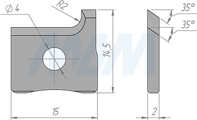 Размеры правой сменной твердосплавной пластины 15x14,5x2 мм, R=2 мм (артикул 022305)